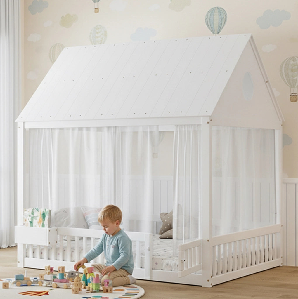 Letto singolo per bambini 140x200 cm bianco con tende