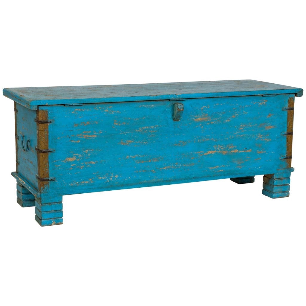 Baule in legno blu fatto a mano 115x40x45h cm