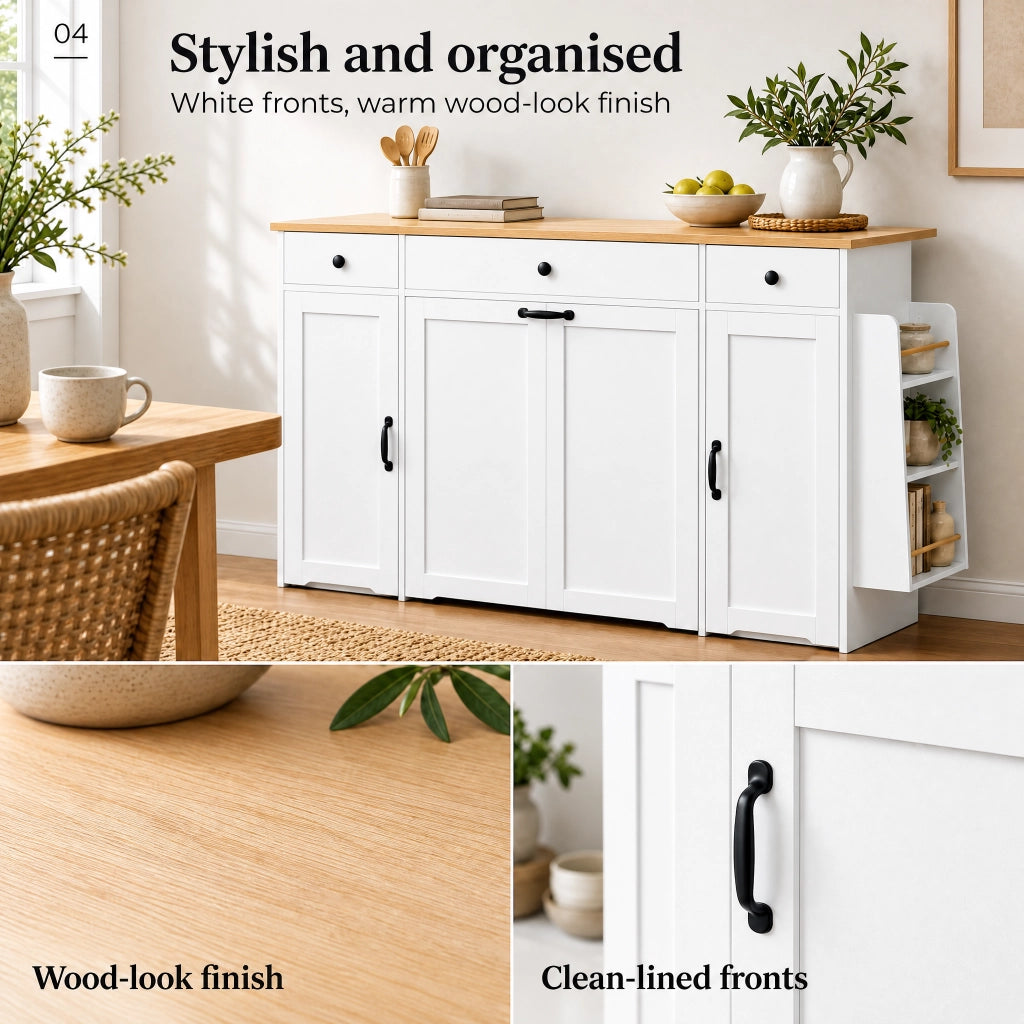 Sideboard bianco con 3 cassetti, 2 ante e piano superiore color legno per cucina e sala da pranzo