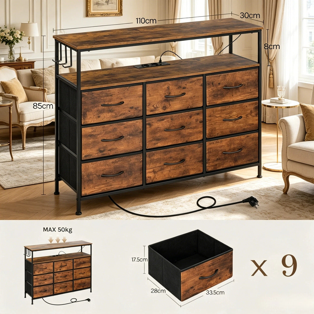 Comò con 9 cassetti, 2 ripiani, struttura in metallo e legno E1, colore nero e marrone rustico, 110 x 85 x 30 cm