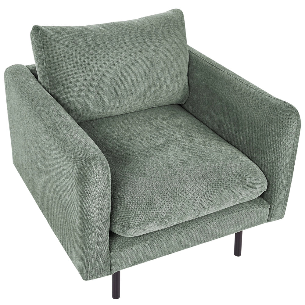 Set da salotto con divano 3 posti e poltrona  imbottita in tessuto ciniglia verde chiaro e gambe nere Stile Retrò Moderno