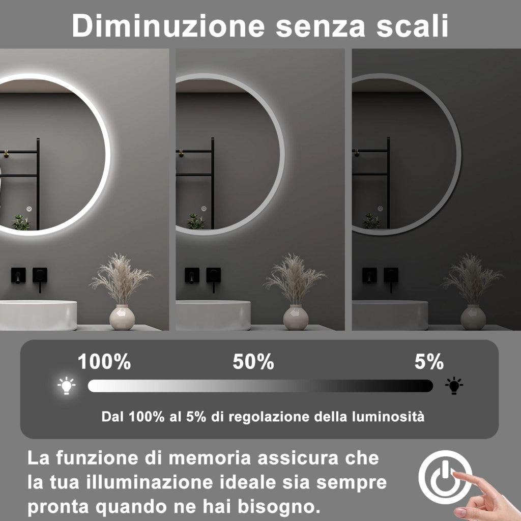 AICA Specchio da bagno 70 x 70 cm, antiappannamento, dimmerabile, interruttore touch, Funzione Memoria