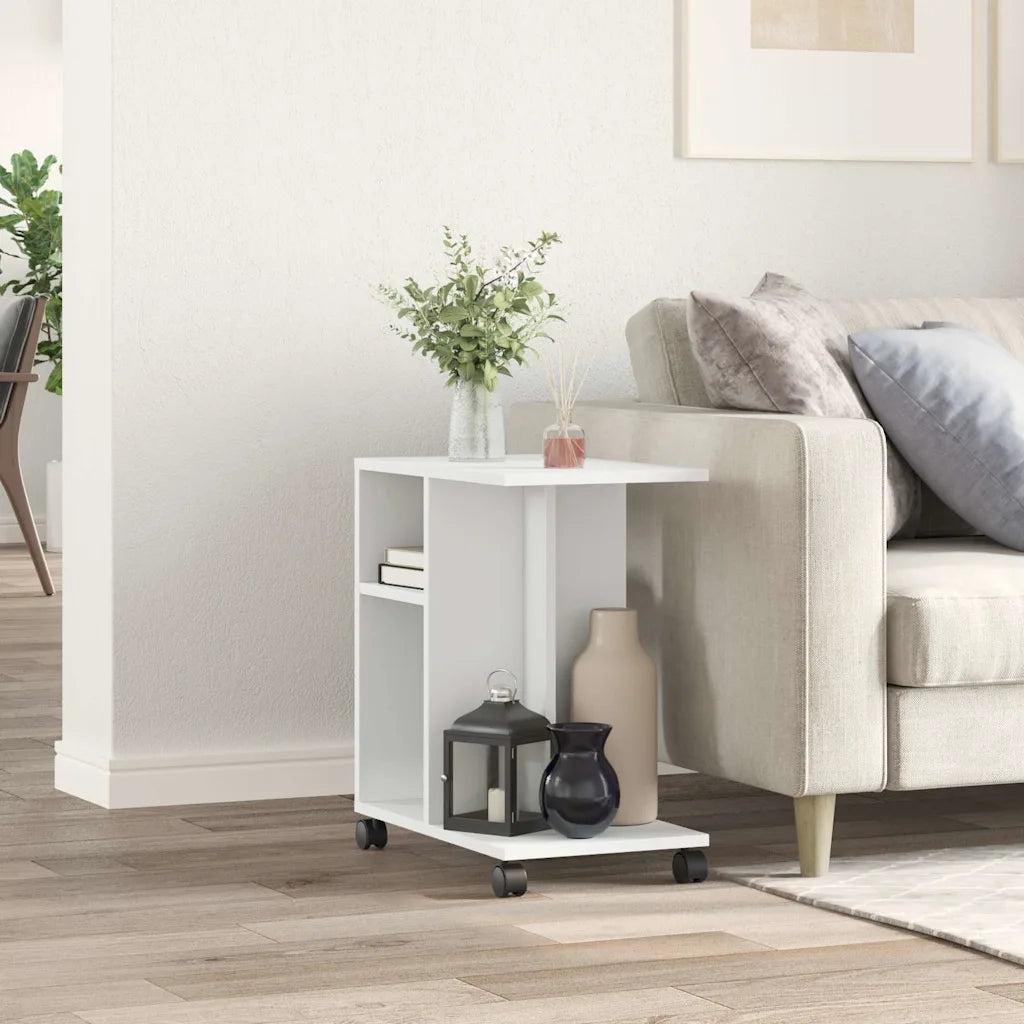 Tavolino con Ruote Bianco 50x30x55 cm in Legno Multistrato 840569