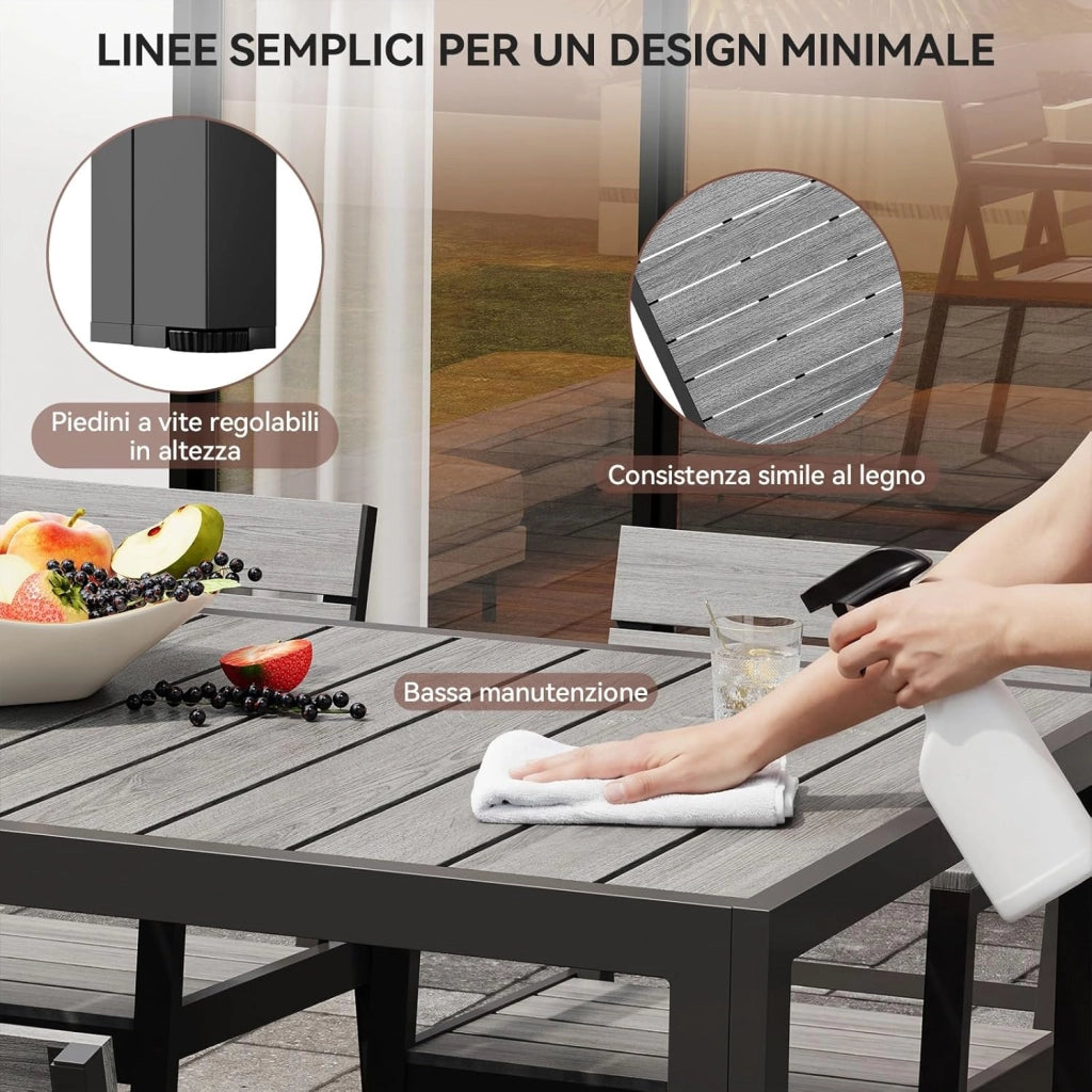 HDPS Set Tavolo e Sedie da Giardino 9 Pezzi Resistente alle Intemperie, Completo di Tavolo 189 cm e 8 Sedie da Esterno in Alluminio, Finitura a Vena di Legno e Facile da Manutenzionare (Grigio)