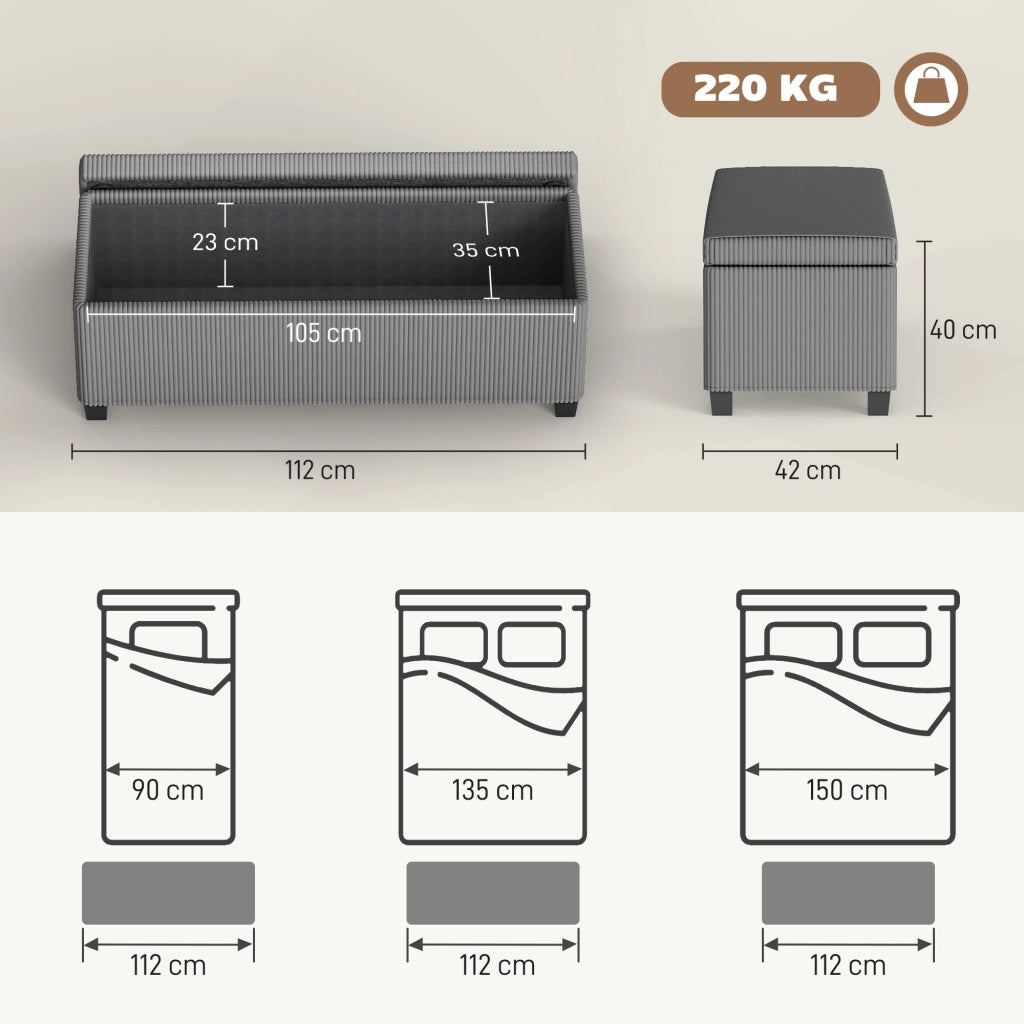 Pouf Contenitore in Velluto Grigio ¨C ZephMum ¨C 112x42x40 cm