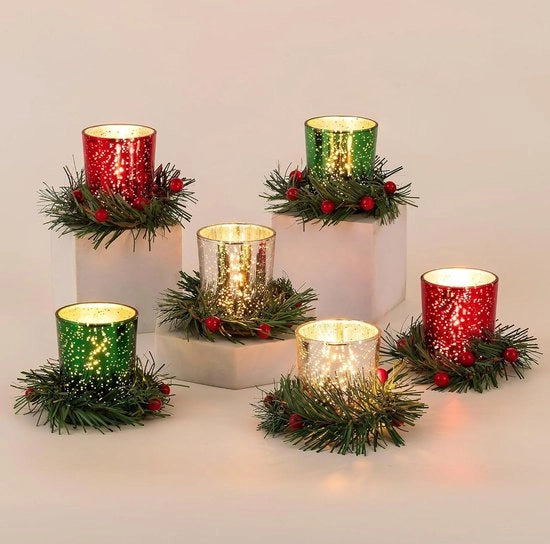 Decorazione per candela a cerchio per tavola di Natale: 6 contenitori per candele in vetro per decorazioni di Natale - decorazione da tavola per feste - standard per candele votive - decorazione per tavola di Natale con camino aperto
