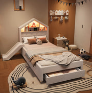 LETTO Bambini Imbottito 90x200 cm Beige con Scivolo, LED e Porta di Ricarica