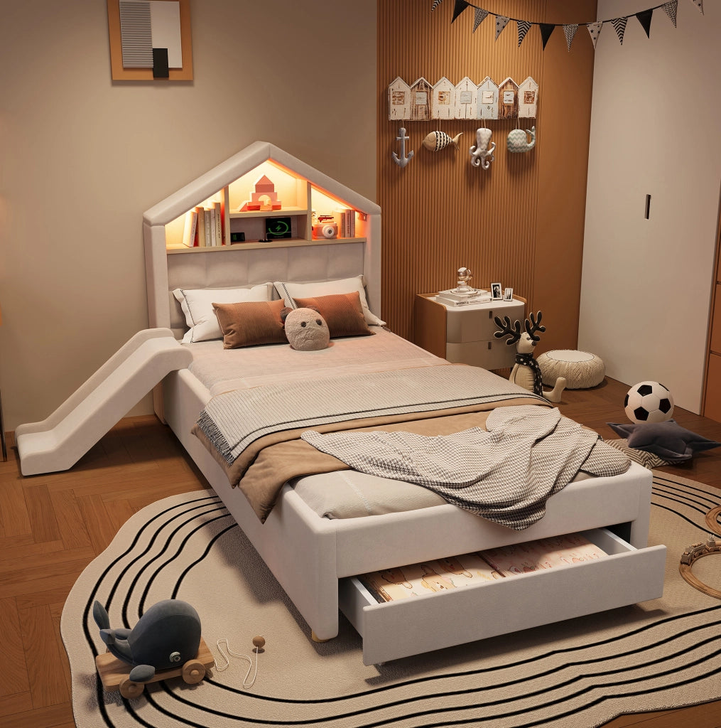 LETTO Bambini Imbottito 90x200 cm Beige con Scivolo, LED e Porta di Ricarica