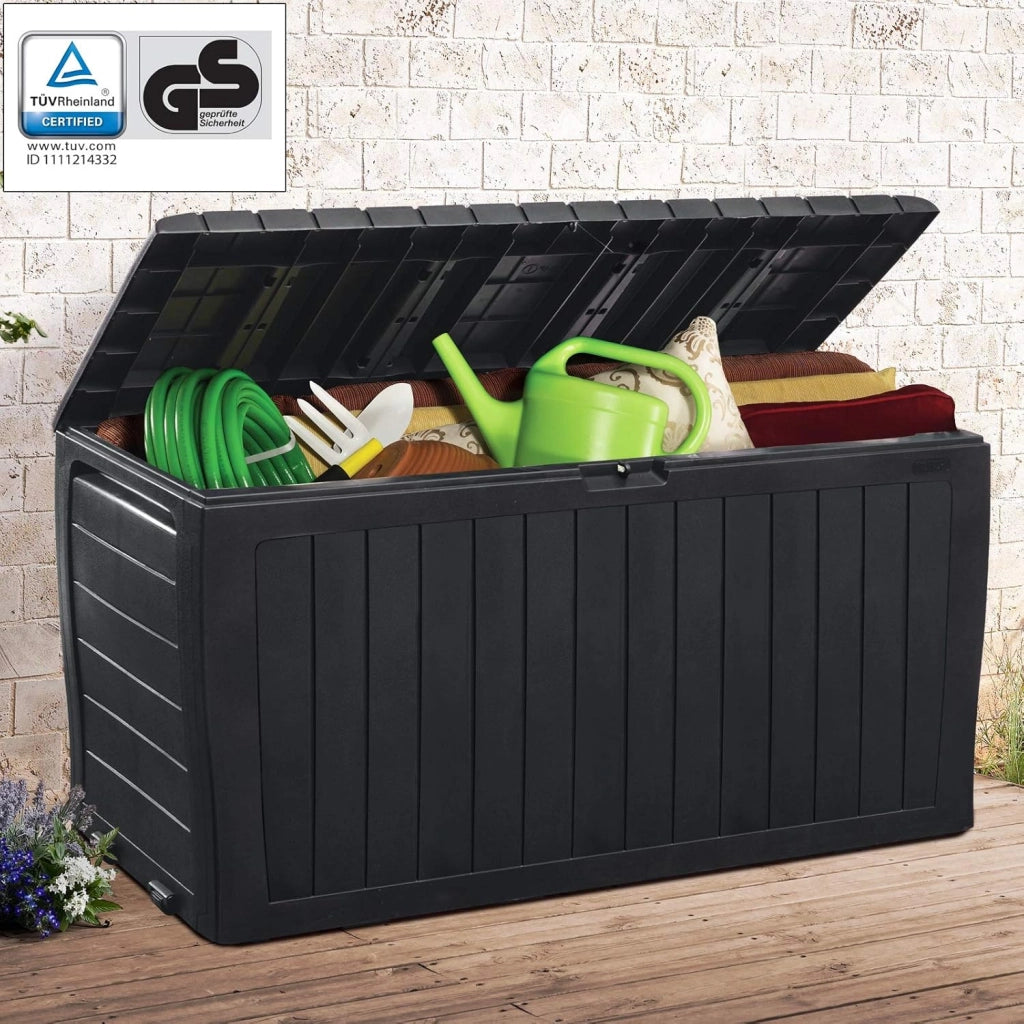 Baule da Giardino 270 l Portacuscini Polyrattan Organizer Balcone Coperchio Richiudibile