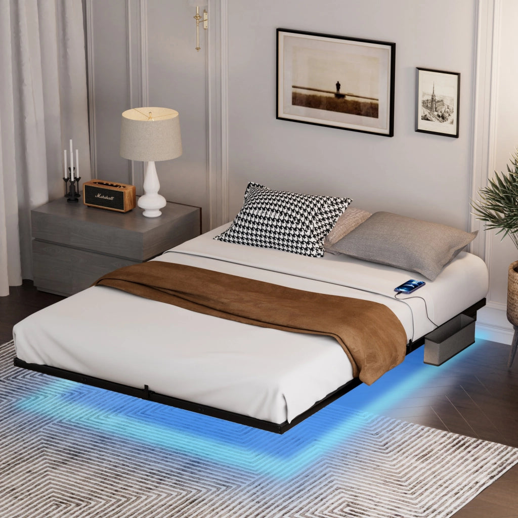 Letto flottante in metallo con LED e doghe, 160x200 cm, nero