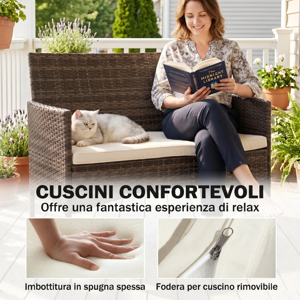 Divano da Giardino 2 Posti con Cuscini e Tappetini Antiscivolo, in Rattan e Acciaio, 115x63x85 cm, Beige