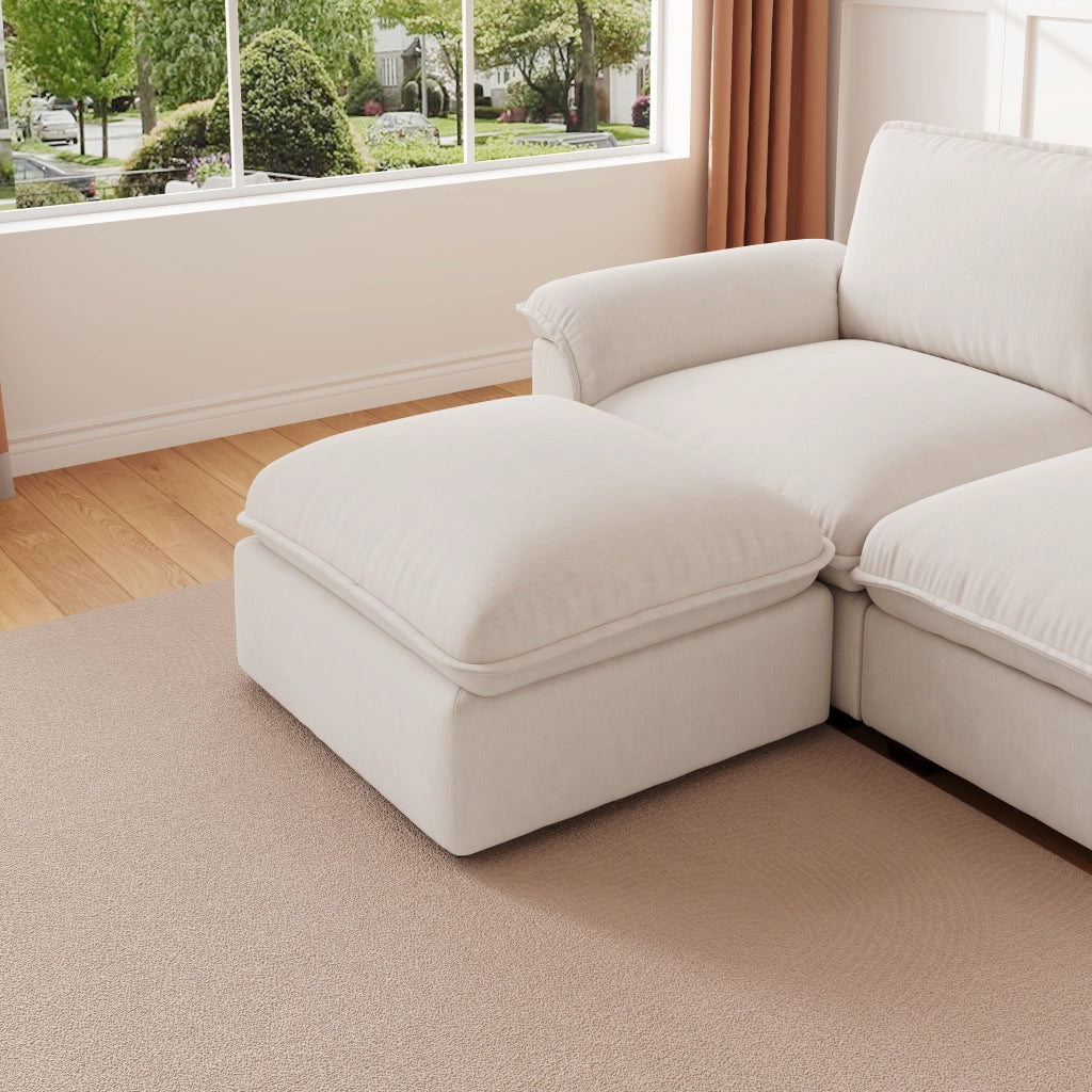 Divano angolare modulare 4 posti con ottomana configurabile cuscini di supporto design ergonomico in chenille beige