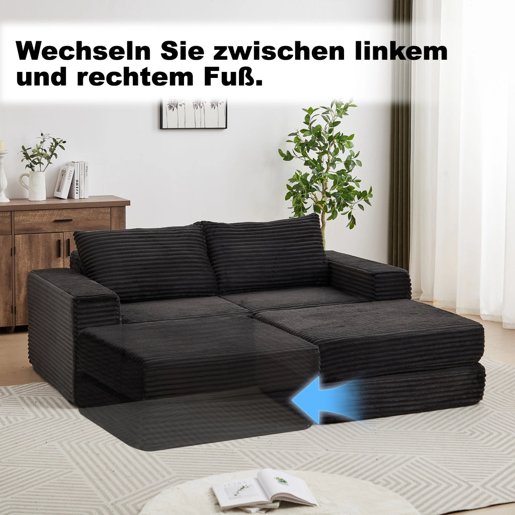 Divano letto modulare con pouf rimovibile, braccioli quadrati e configurazione flessibile in velluto a coste nero