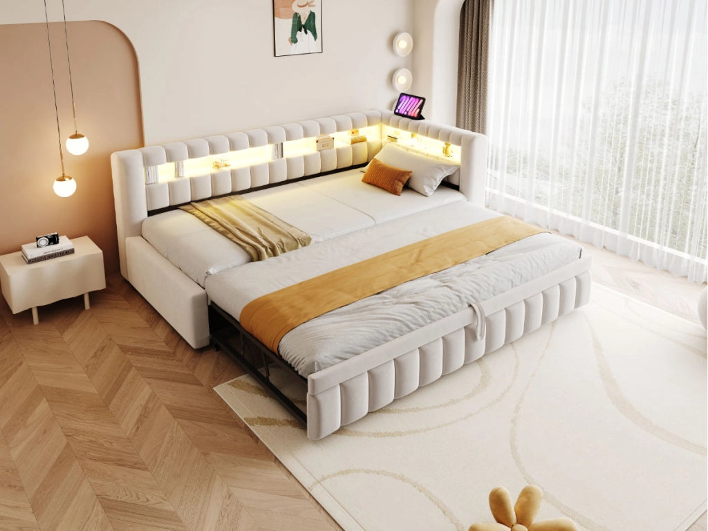 Letto imbottito trasformabile con LED, porte USB e USB-C, 90x200 cm, beige