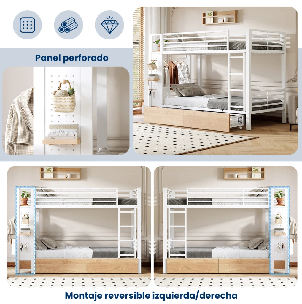 LETTO A CASTELLO 90x200 cm con LED, 2 cassetti e appendiabiti Bianco