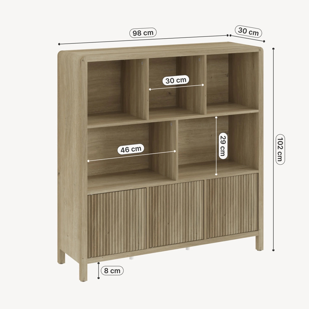 Credenza Bassa Lukkodso con 3 Ante e Scomparti Aperti 102x98x30 cm Effetto Rovere Medio Chiaro [en.casa]