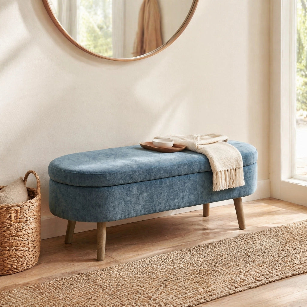 Panca contenitore in ciniglia blu 110x40x42 cm con vano 20L e coperchio idraulico