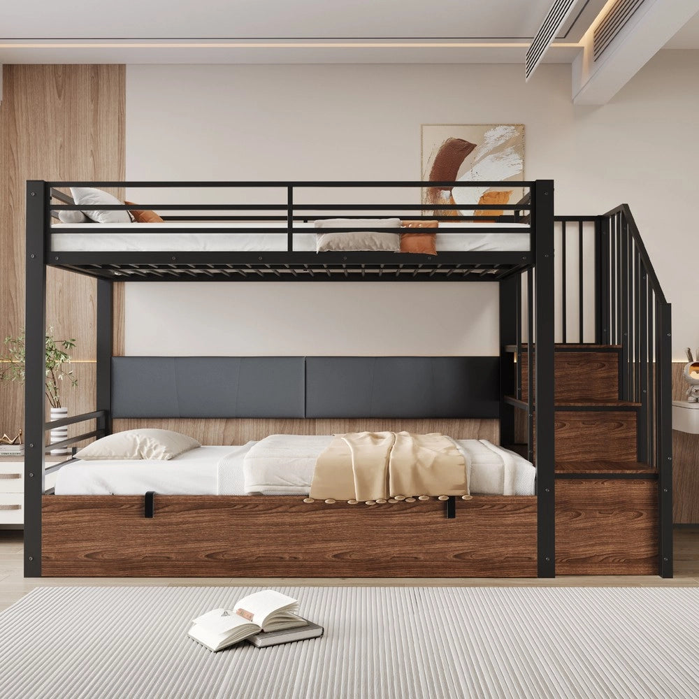 Letto a castello in ferro - Zephmum - 90x200 cm - Nero - Schienale imbottito, funzione idraulica, scala di sicurezza