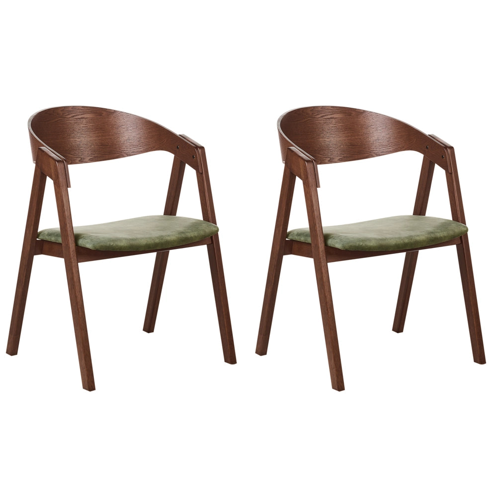 Set di 2 sedie da pranzo in legno scuro e compensato verde in tessuto di velluto poliestere con gambe in legno di gomma in stile retrò tradizionale