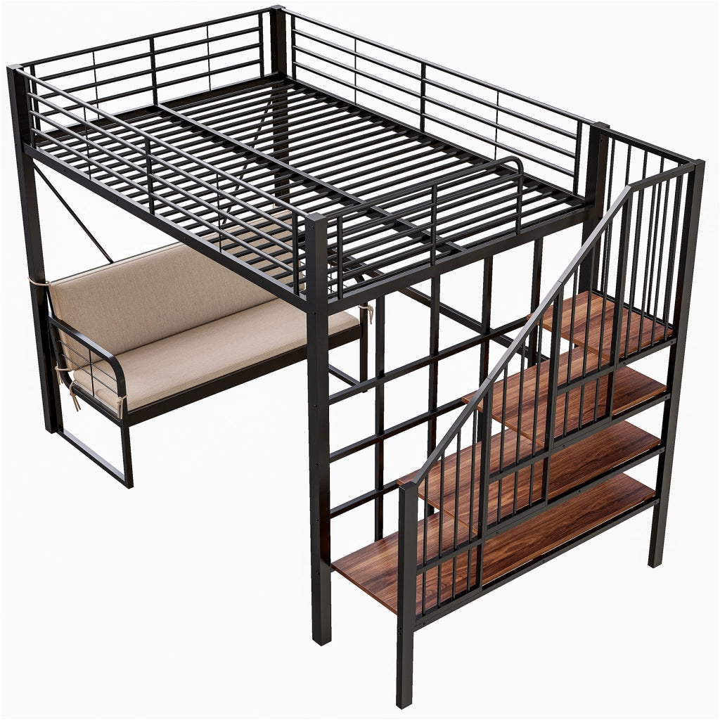 Letto a castello 140×200 cm con scala contenitore e divano imbottito; senza materasso; metallo; nero