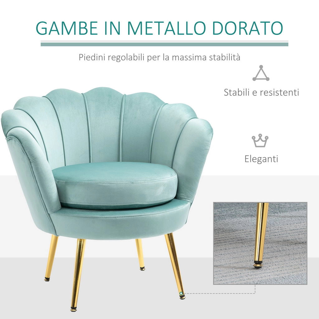 POLTRONA VINTAGE EFFETTO VELLUTO CON SCHIENALE A CONCHIGLIA 76X67X74CM AZZURRA