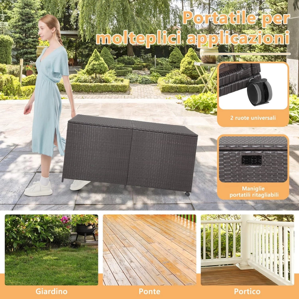 Baule da Giardino 662L, Panca Contenitore in Plastica con Coperchio, Maniglia e 2 Ruote Universali, in Rattan, per Interni e Esterni, 150 x 77 x 73 cm (Modello 3)