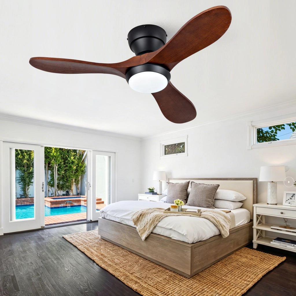 VENTILATORE DA SOFFITTO 91 cm con LED, telecomando, 3 pale in legno massello nero/nocciola
