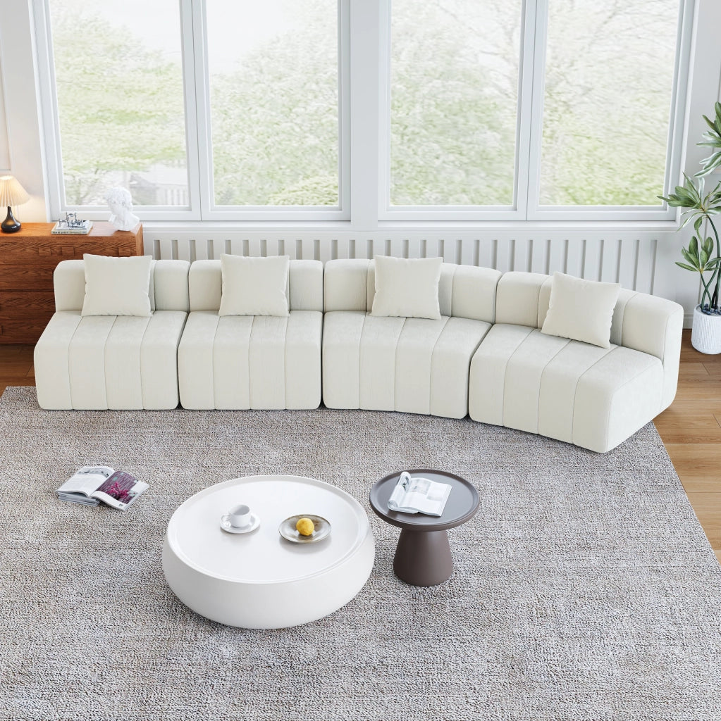 DIVANO Modulare Curvo in Chenille Beige con 2 Cuscini
