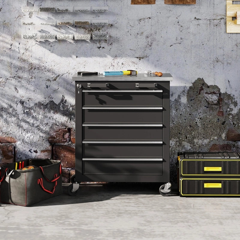 Mobile contenitore con 5 cassetti e piano in acciaio inox rinforzato con serratura centralizzata su ruote per officina e garage nero