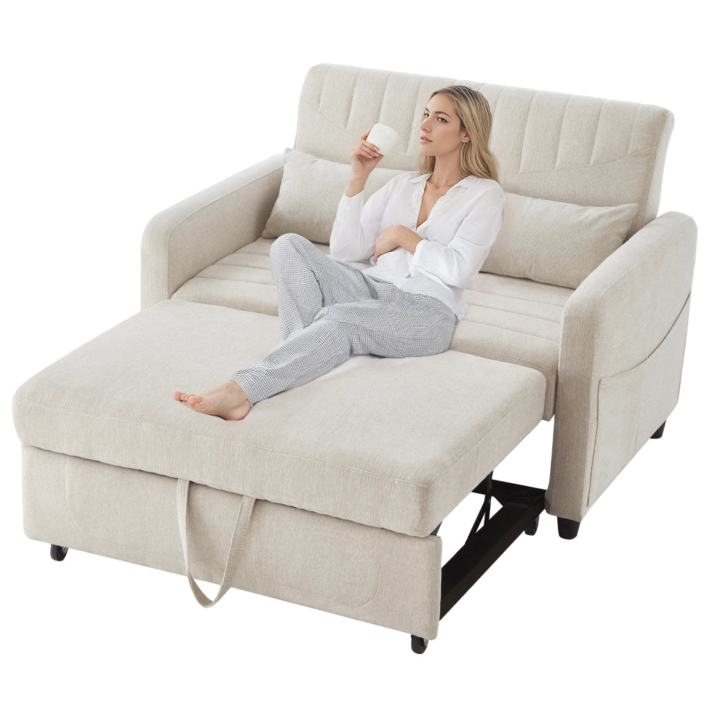 Divano Letto 2 Posti Estraibile con Schienale Regolabile 3 Posizioni e Cuscini Design Salvaspazio Struttura Legno Metallo in Tessuto Beige