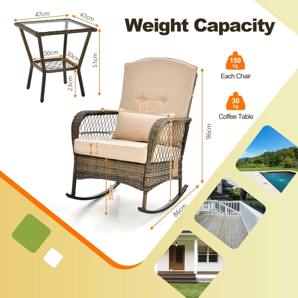 Set di Sedie a Dondolo in Rattan per Balcone, 3 Pezzi Mobili da Giardino con 1 Tavolino e 2 Sedie a Dondolo, Marrone Chiaro