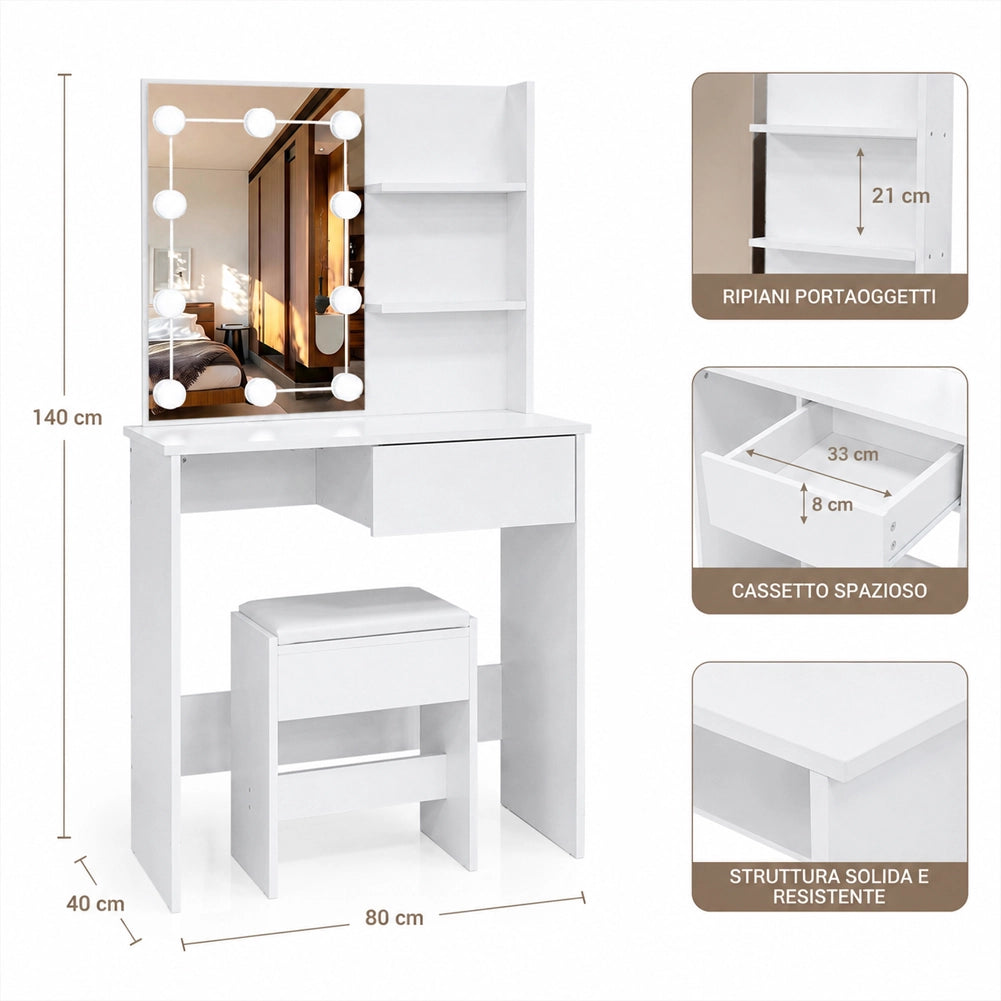 Toeletta Trucco con Sgabello e Luci Led Postazione Makeup Bianca 80x40x140 cm