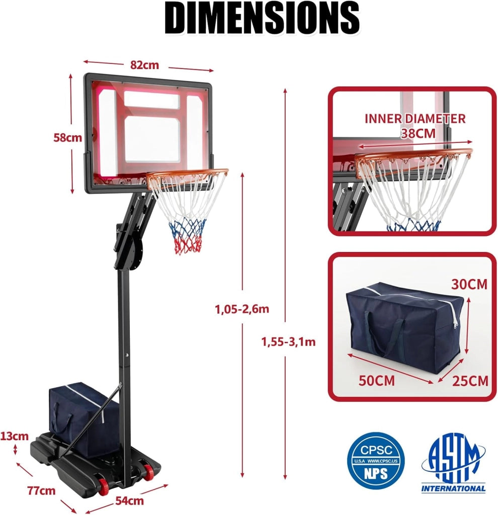 Canestro Basket per Esterno in PE, 10 Livelli di Altezza Regolabile 105-260 cm, Supporto da Basket Portatile con Ruote, Base, Pallacanestro per Interni, per Bambini e Adulti