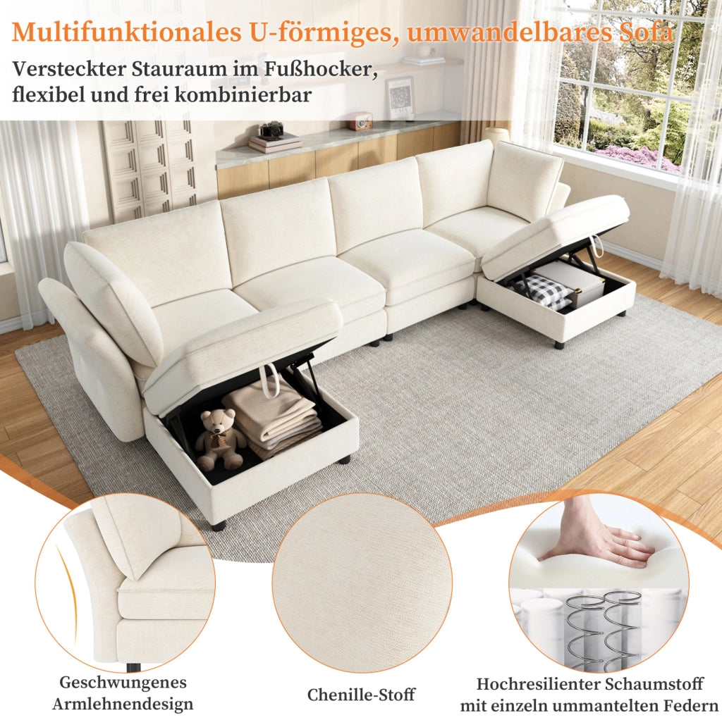 Divano modulare 6 posti U/L in ciniglia beige con 2 pouf contenitore