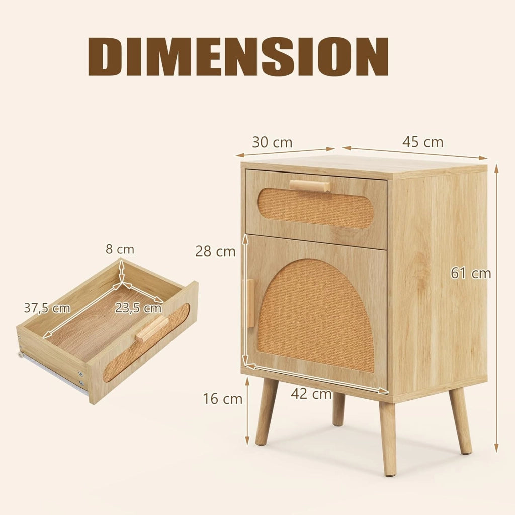 Comodino con Cassetto e Anta in Rattan, Comodino con Gambe in Legno Massello, Tavolo Supplemento per Camera da Letto Soggiorno, 45 x 30 x 61 cm, Naturale