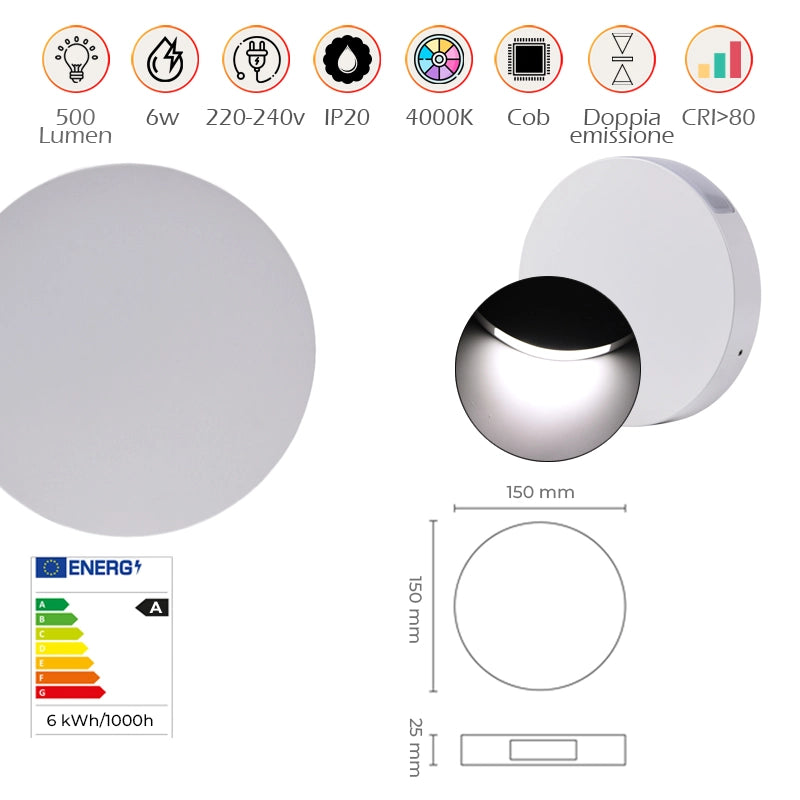 APPLIQUE LED 6W SLIM TONDA BI-EMISSIONE A LUCE NATURALE 4000K° - DESIGN MODERNO IDEALE PER AMBIENTI VERSATILI