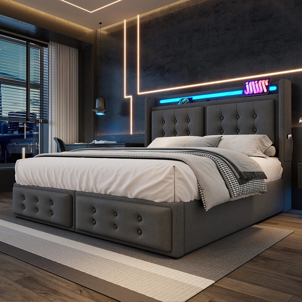 Letto a cassettoni con testiera LED e USB-C - Xylo - 180x200 cm - Grigio