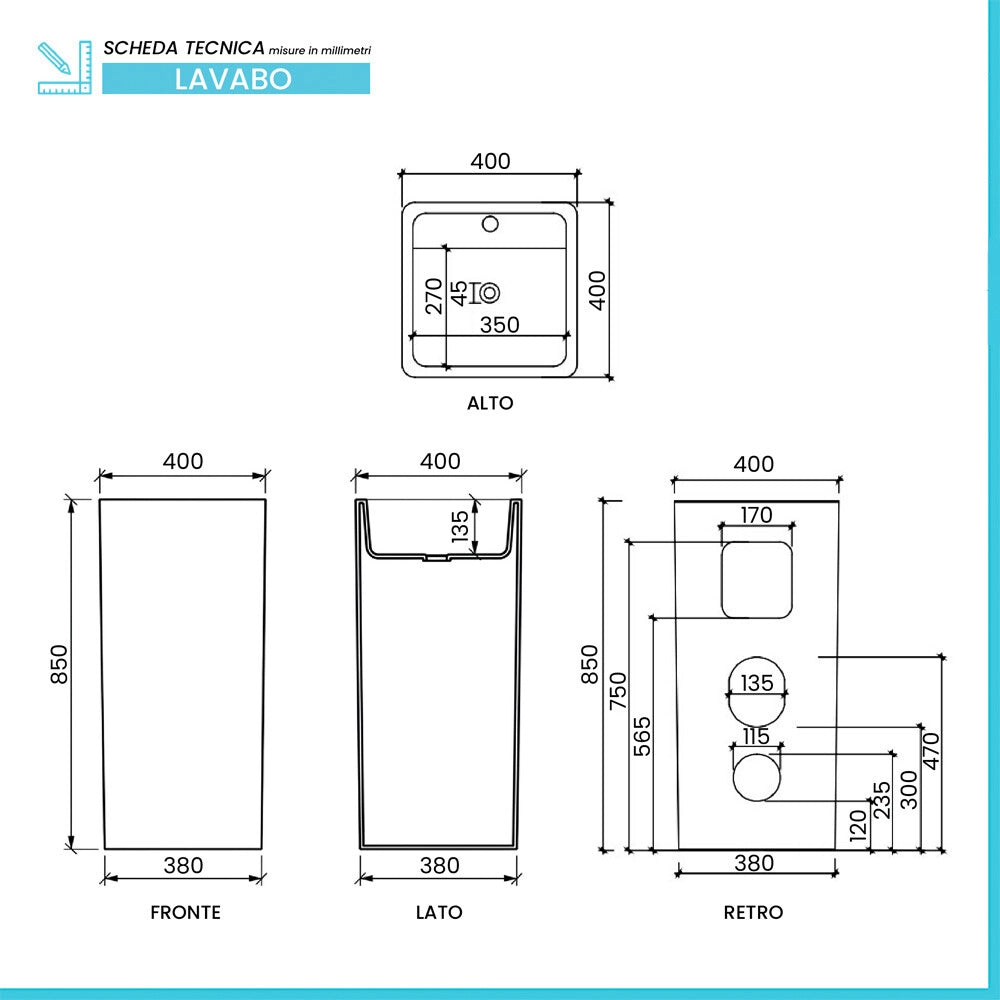 Lavabo freestanding quadrato 40x85 cm in ceramica bianco lucido Giove