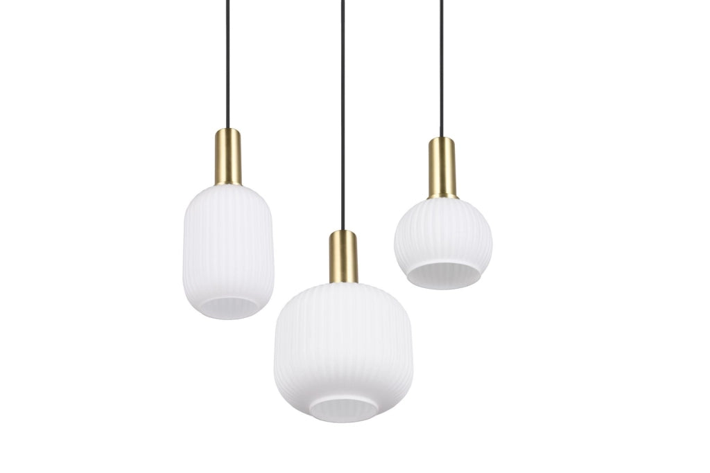 Lampadario tondo nero-ottone 3xE27 vetro bianco Diva Trio