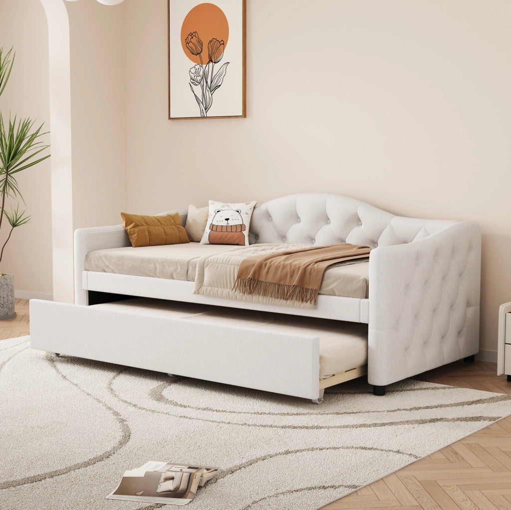 Divano letto 90x200 cm con letto estraibile in lino e MDF beige