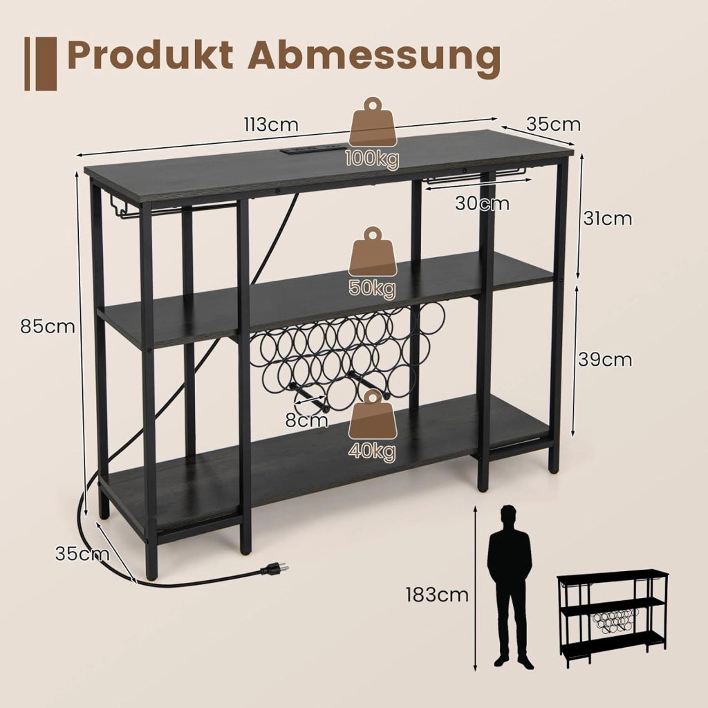 Portabottiglie Per 15 Bottiglie, Portabottiglie a 3 Livelli Con Supporto In Vetro, Tavolo Da Vino Con 2 Porte USB e 2 Prese, Armadietto Per Vino Industriale Metallo, 113 x 35 x 85 cm