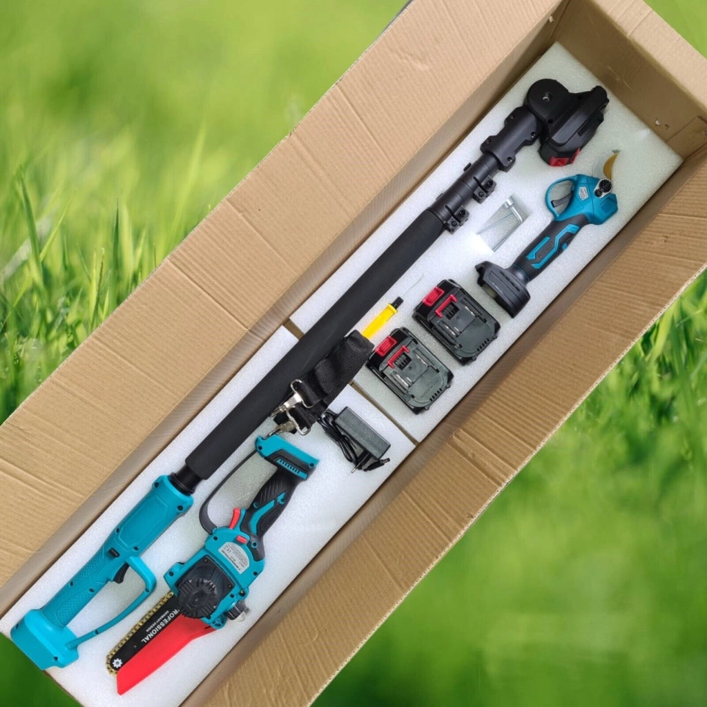 Kit Potatura 3 in 1 Motosega e Cesoia da 6" a Batteria con Asta Telescopica fino a 2 metri 2 Batterie Incluse