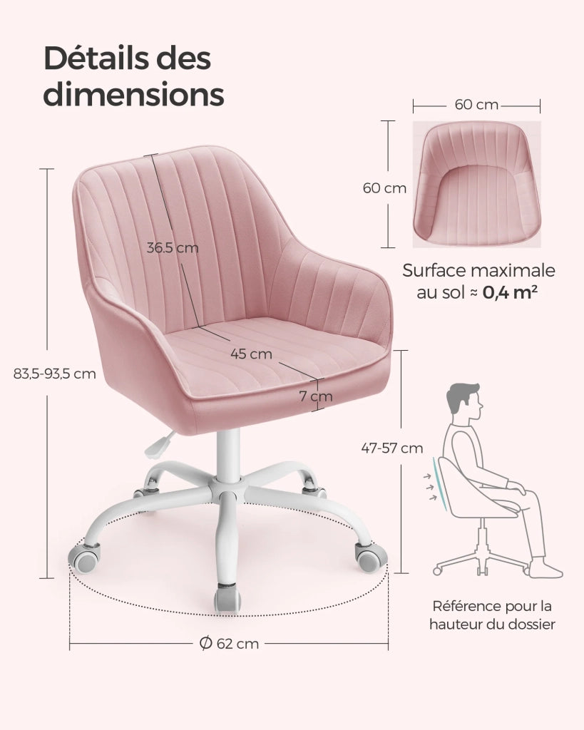 Sedia da ufficio con superficie in velluto sedia girevole seduta ergonomica imbottitura in schiuma altezza regolabile rosa 12_0004851