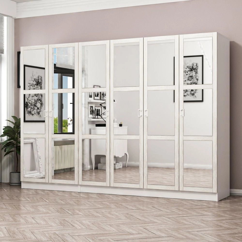 Armadio Kale colore bianco con 6 ante battenti a specchio
