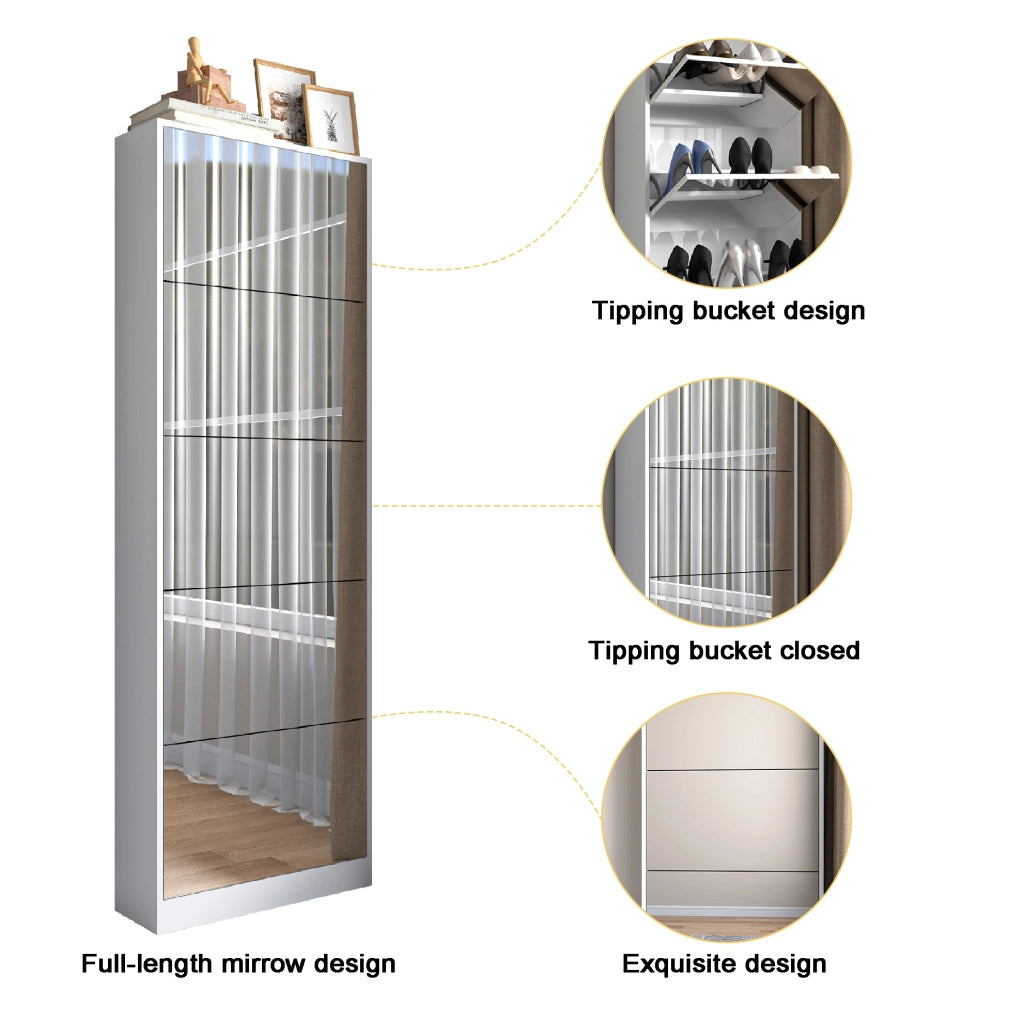 Scarpiera ultrassottile con specchio a figura intera 185 cm in MDF; bianca