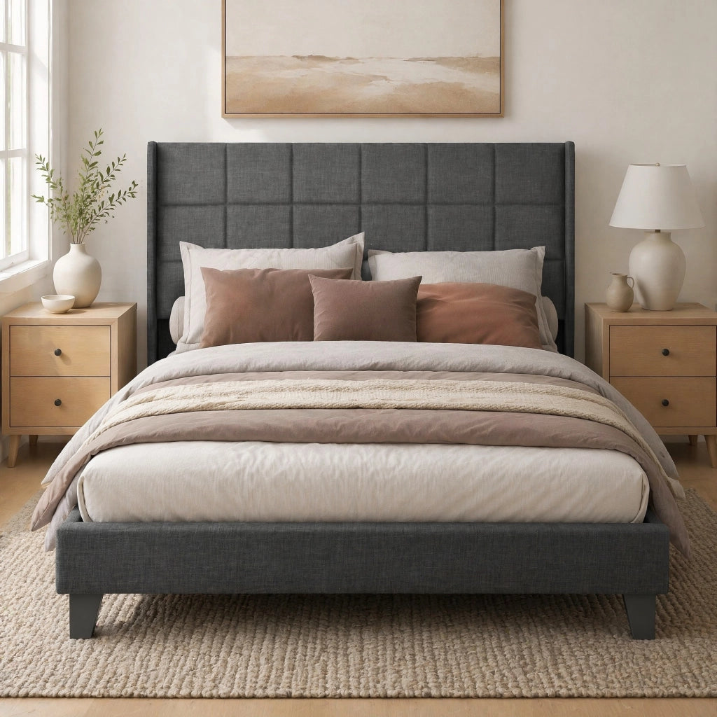 Letto matrimoniale imbottito 140x200 cm con rete a doghe e materasso a molle insacchettate, grigio
