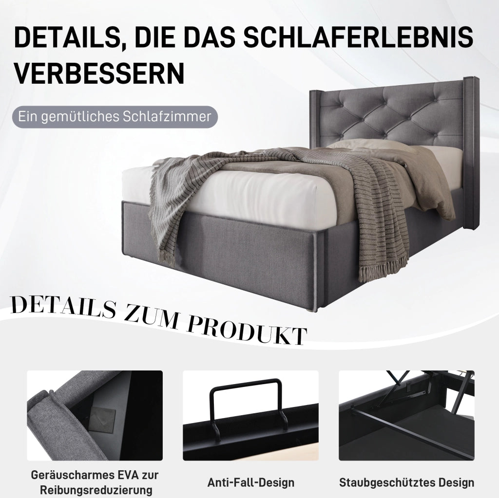 Letto singolo imbottito contenitore 90x200 cm grigio