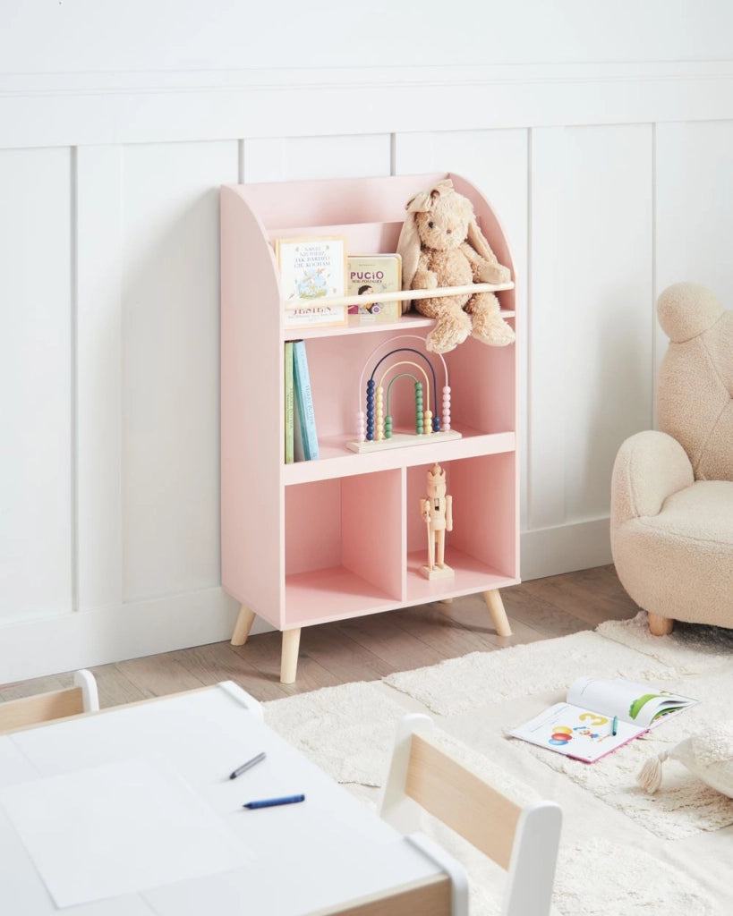 Scaffale a 3 ripiani per la camera dei bambini in legno di pino MDF gambe in legno rosa pastello elegante