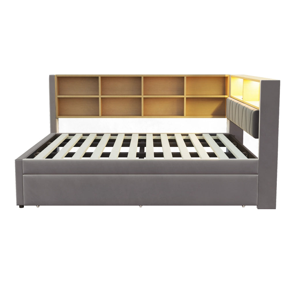 OKWISH Letto Divano 140×200 cm e 90×190 cm, Letto 2 Posti con LED, USB, Tipo C e VanI Portaoggetti, senza Materasso, in Flanella, Grigio Scuro