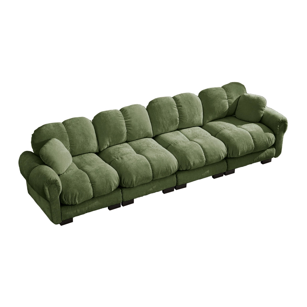 Divano modulare con cuscino lombare; seduta trapuntata e schienale ergonomico in chenille verde